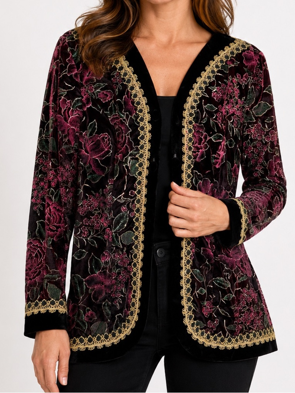 Jessica McClintock Burgundy and Black Velvet Floral Open Cardigan